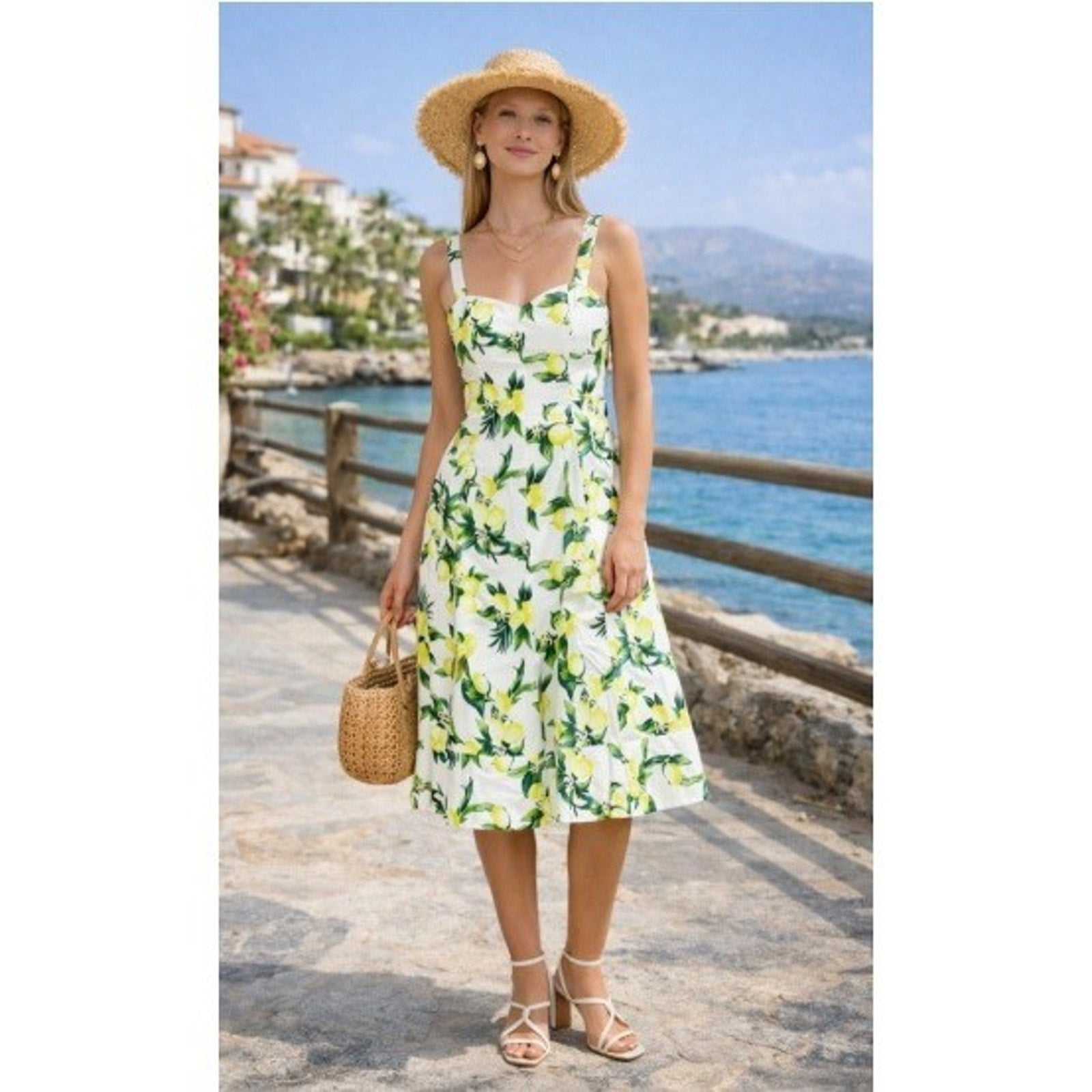Avec Les Filles Lemon Print Midi Dress White Yellow Cotton Blend Size 6