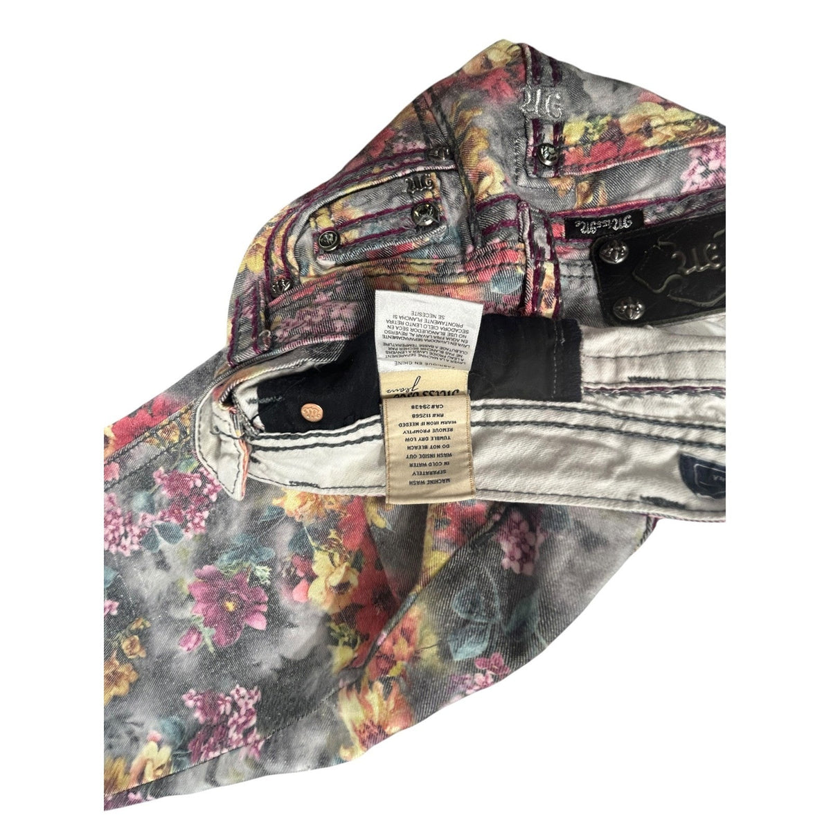 Miss Me Floral Print Skinny Jeans Grey Pink Orange Mid Rise Denim Size 27 whimsy