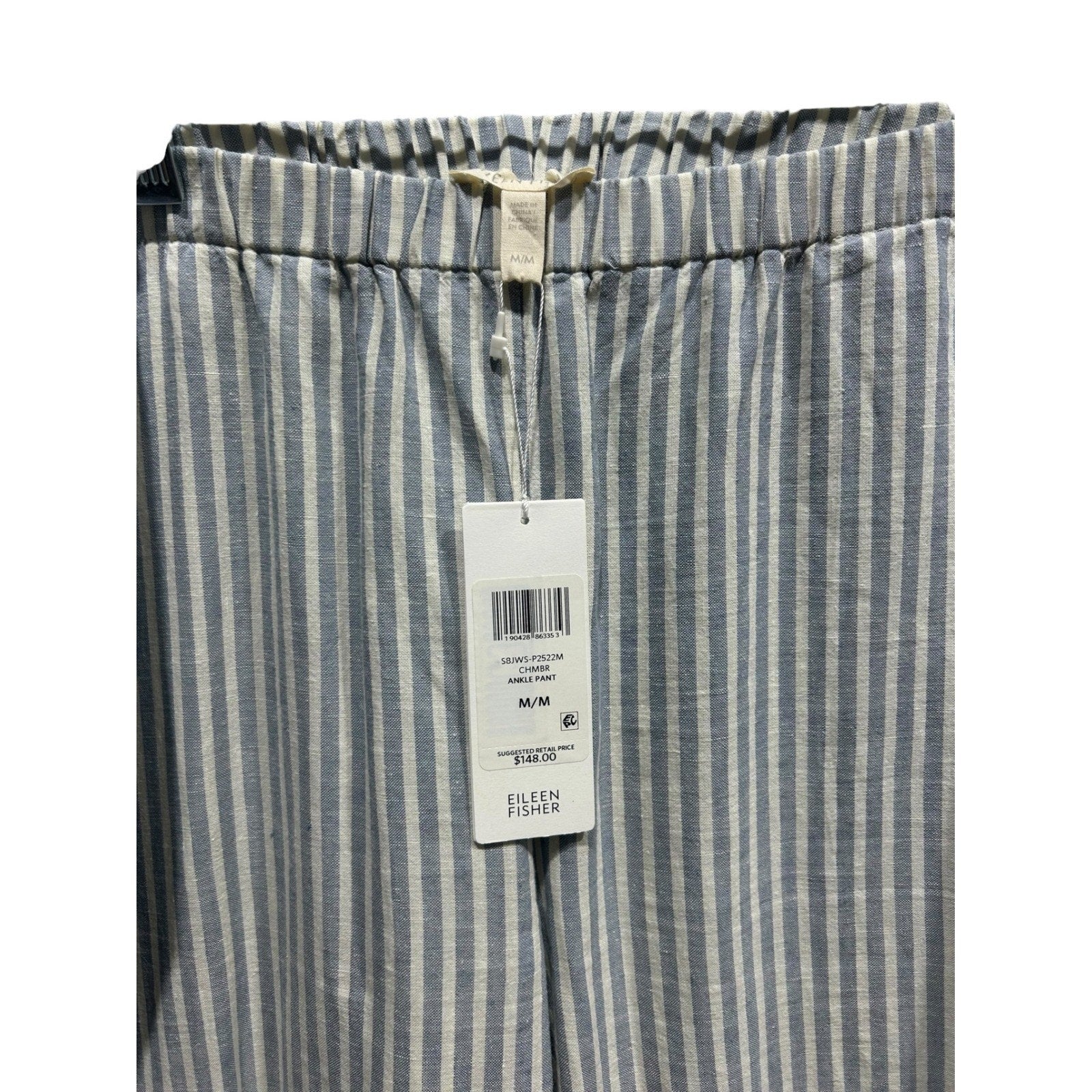 Eileen Fisher Hemp Organic Cotton Striped Ankle Pant Blue White M S8JWS-P2522M
