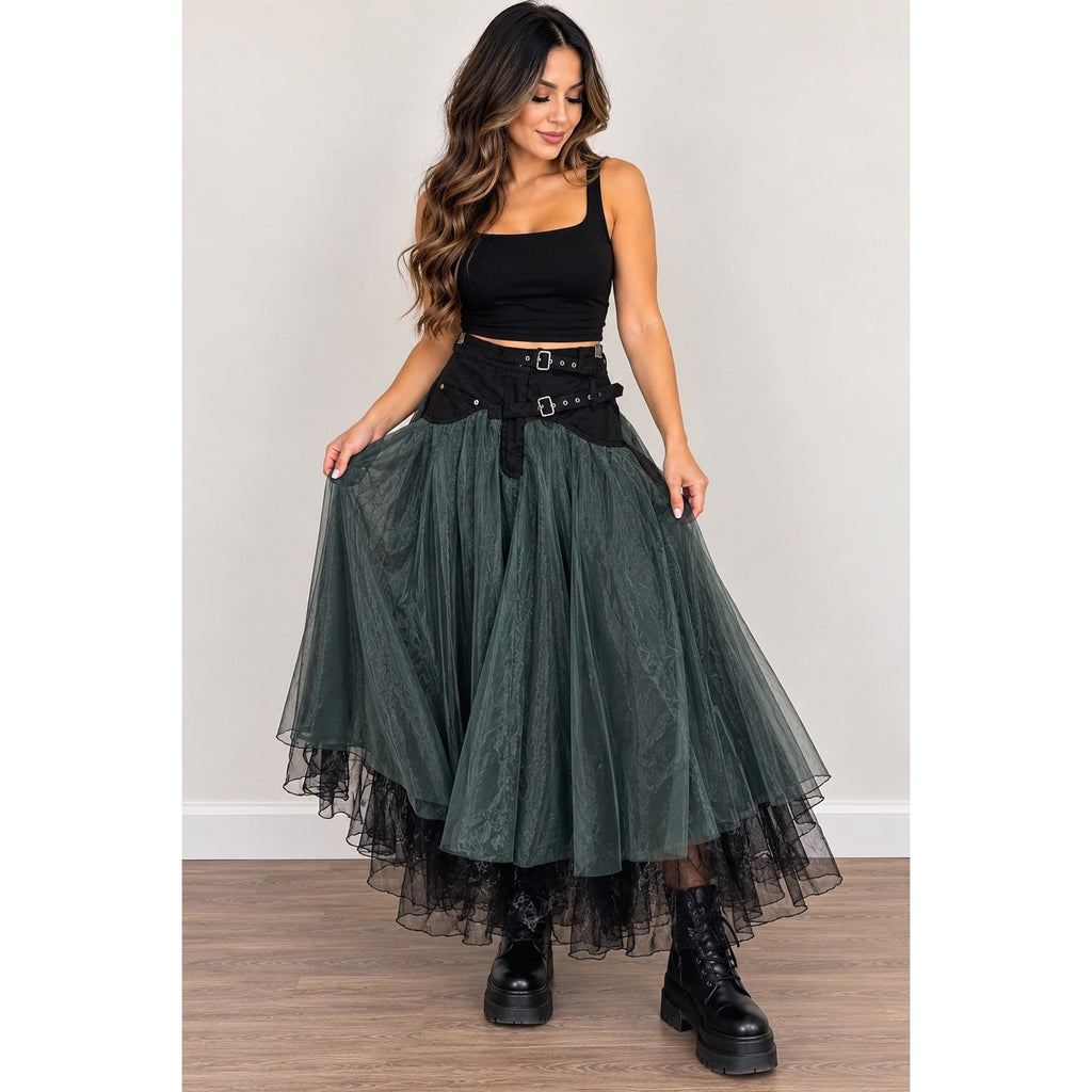 Madonna & Co Womens Black denim Tulle skirt in black & grey whimsigoth witchy S