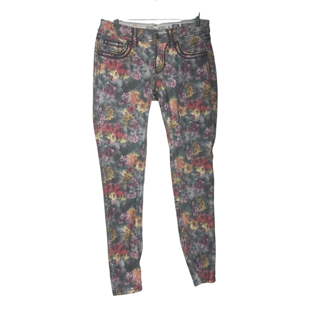 Miss Me Floral Print Skinny Jeans Grey Pink Orange Mid Rise Denim Size 27 whimsy