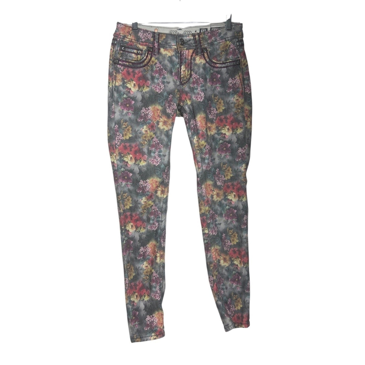 Miss Me Floral Print Skinny Jeans Grey Pink Orange Mid Rise Denim Size 27 whimsy