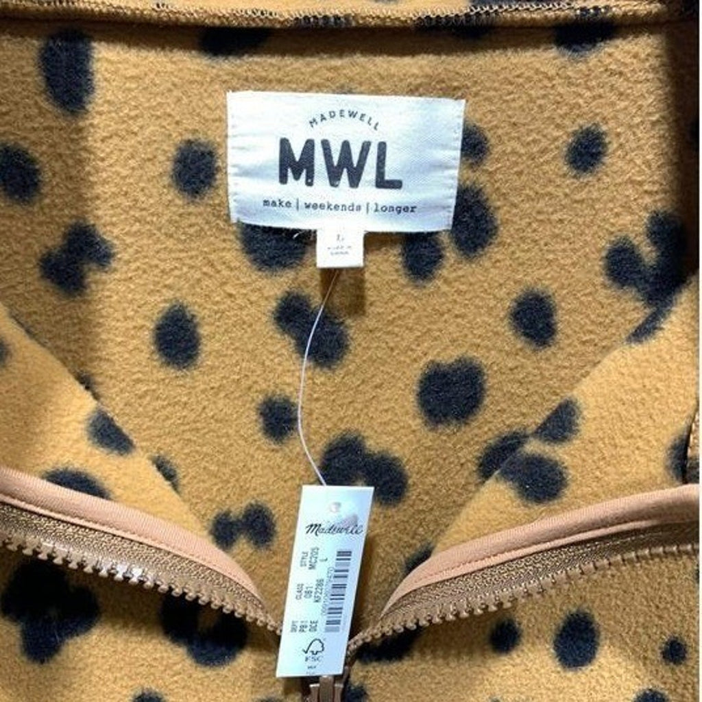 NWT Madewell Leopard Print Quarter Zip Fleece Pullover Mustard Tan Black MC205 L