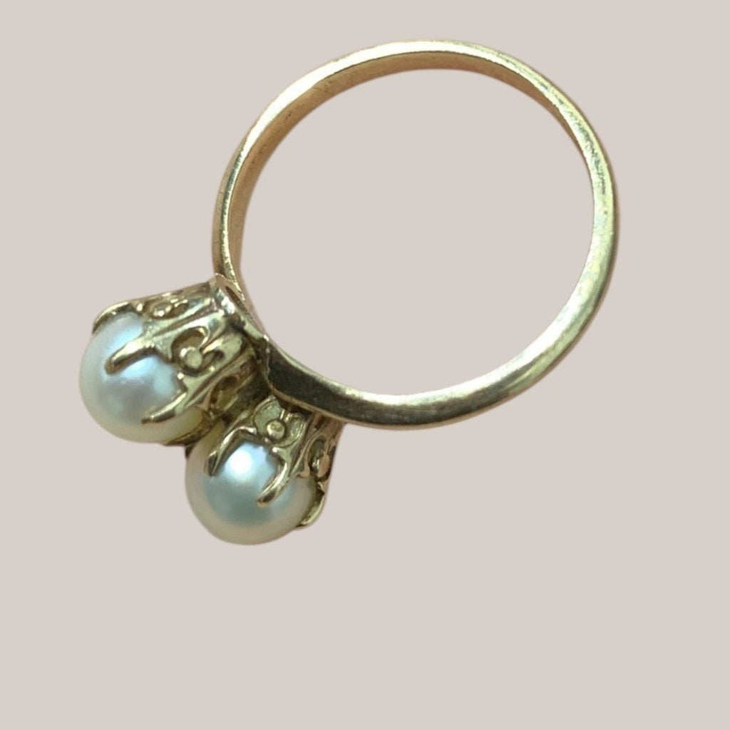 Vintage 10k Yellow Gold Double Pearl Bypass Toi et Moi Ring 2.3g size 5.5 US