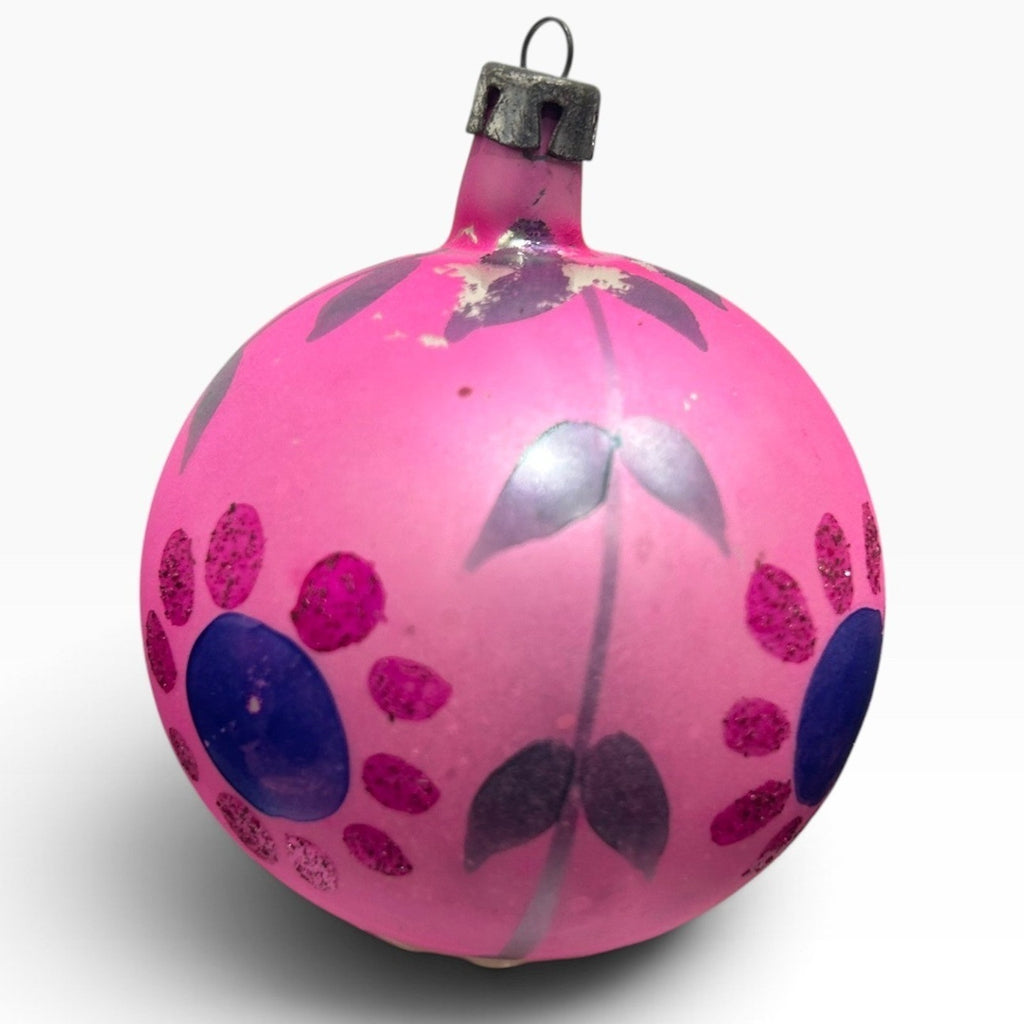 Vintage Poland Pink Glass Christmas Ornament Hand Painted Floral Glitter 2.5"