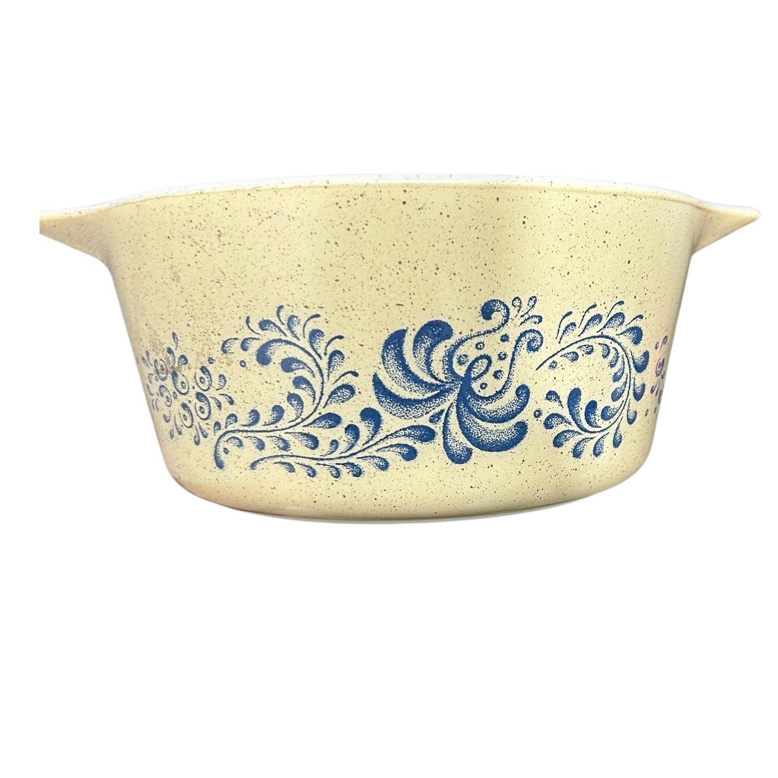 Pyrex Homestead 474-B Casserole Dish Vintage Blue Floral Speckled Beige 1.5 QT