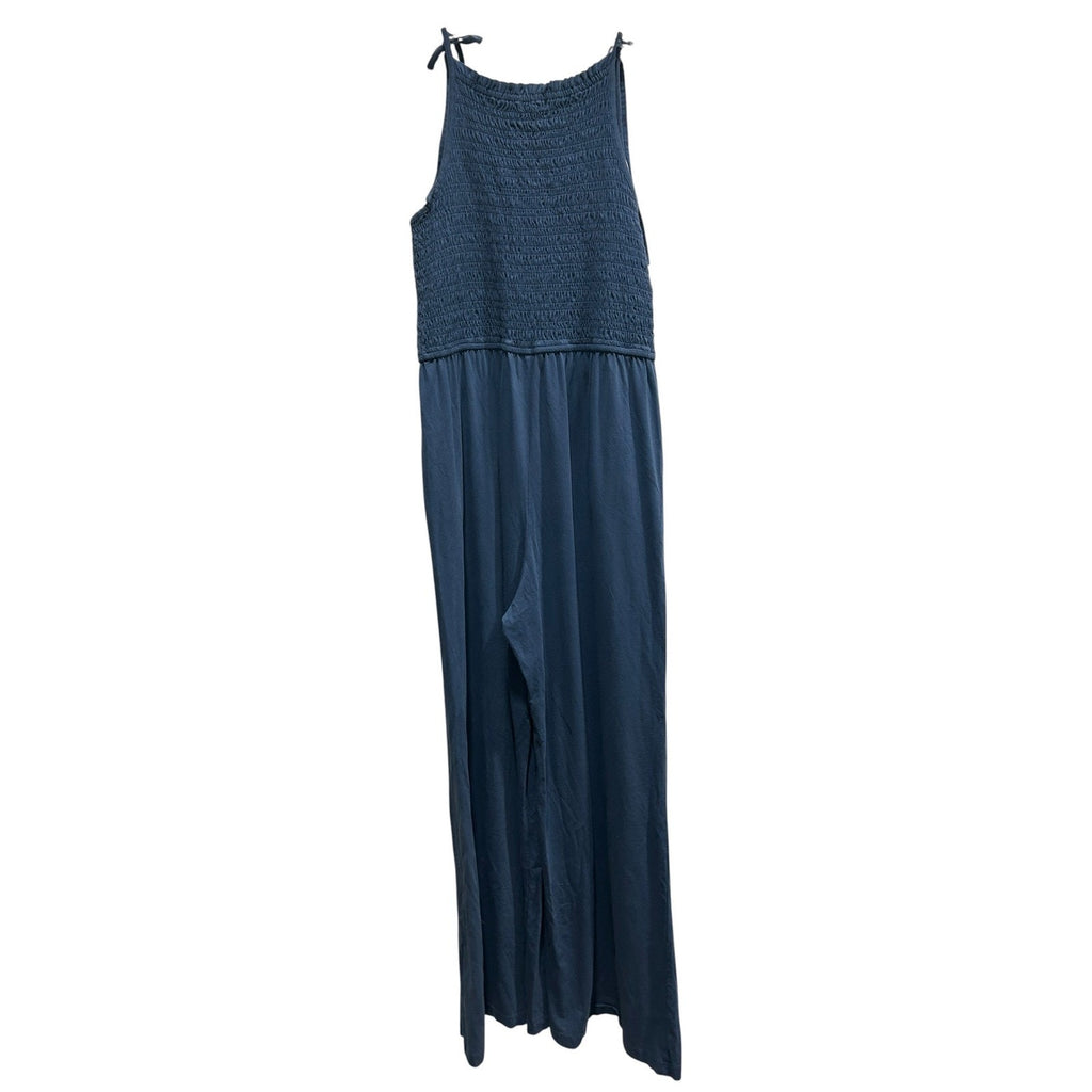Pact Womens Blue navy Organic Cotton Smocked Wide Leg Jumpsuit Size L Pockets
