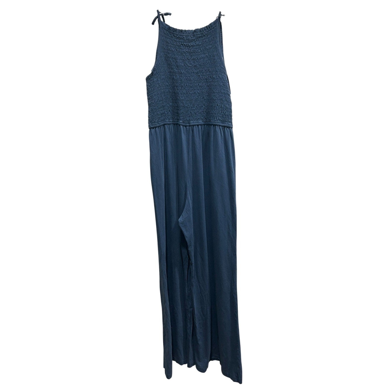 Pact Womens Blue navy Organic Cotton Smocked Wide Leg Jumpsuit Size L Pockets