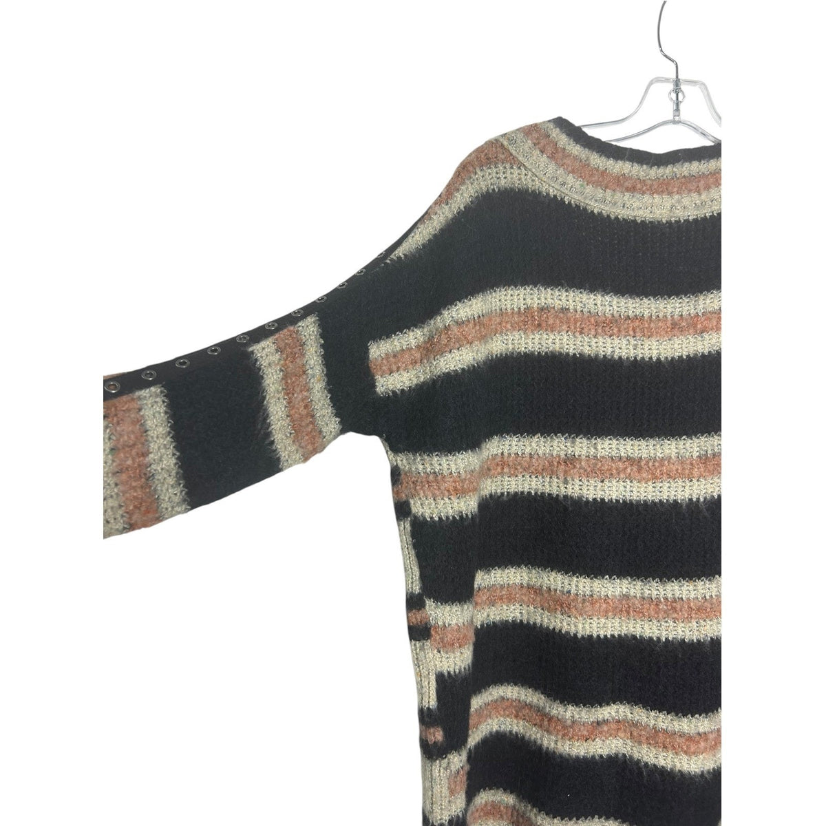 Free People Sid Stripe Tunic Sweater Cream Black Rust Grommet Sleeve Large boho