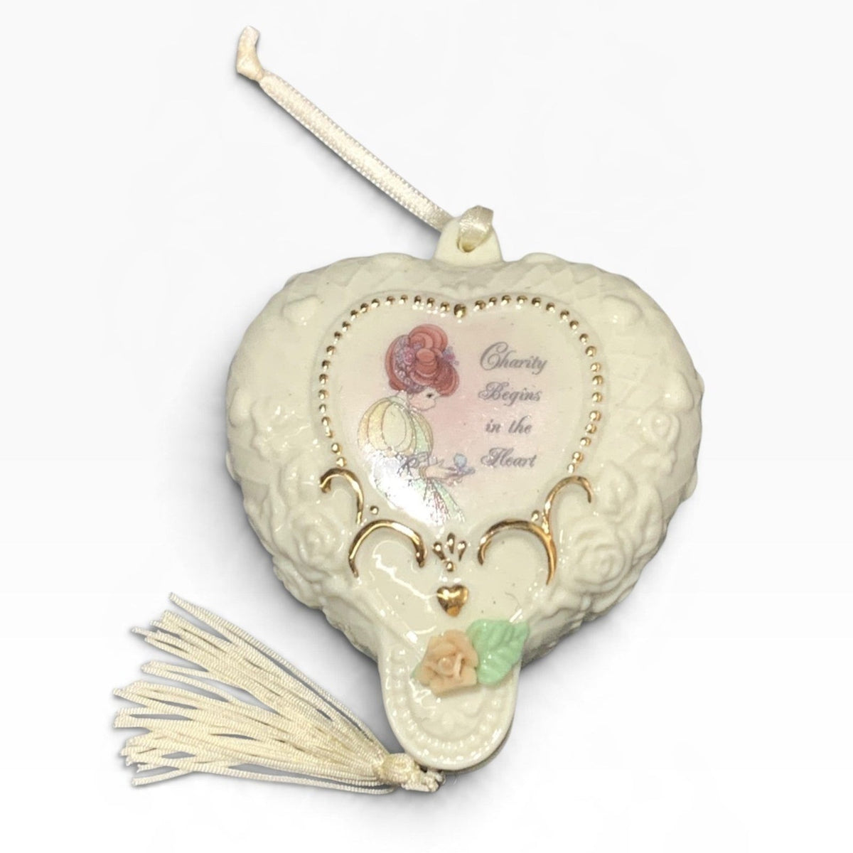 Vintage Precious Moments Heart Porcelain Pomander Charity Begins in the Heart