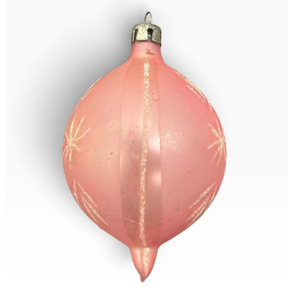 Vintage Poland Pink Frosted Glass Teardrop Christmas Ornament Silver Starburst