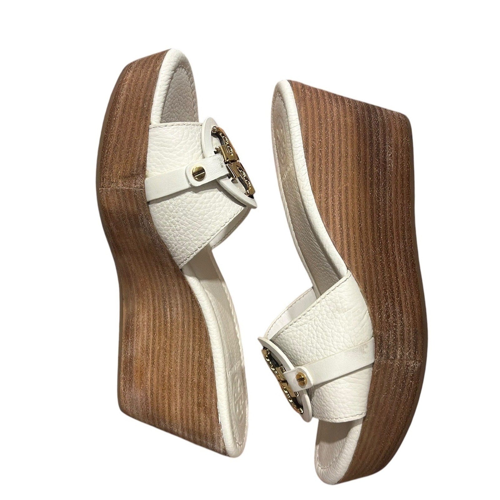Tory Burch Selma Leather Wedge Sandals White Pebbled Leather Gold Logo 6.5M