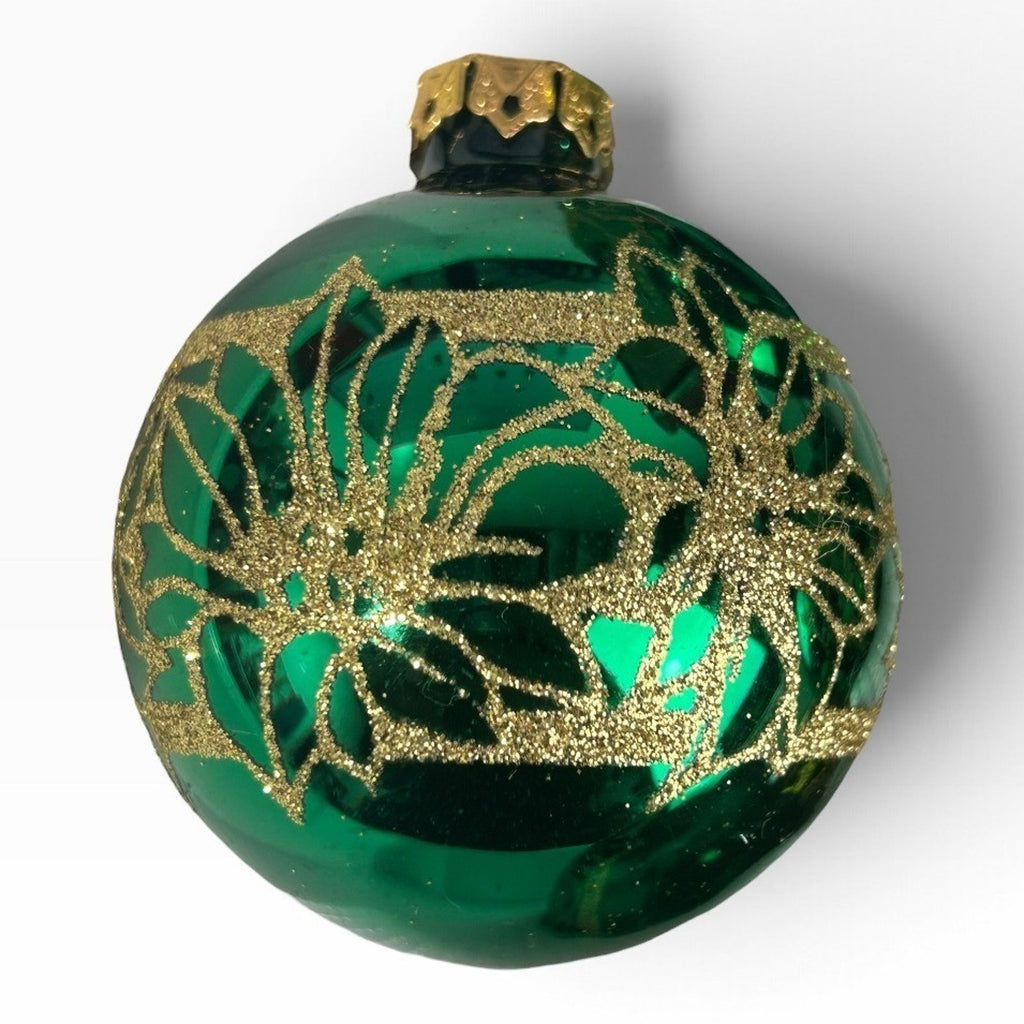 Victoria Collection Green Gold Glitter Poinsettia Glass Ornaments Set of 4 USA