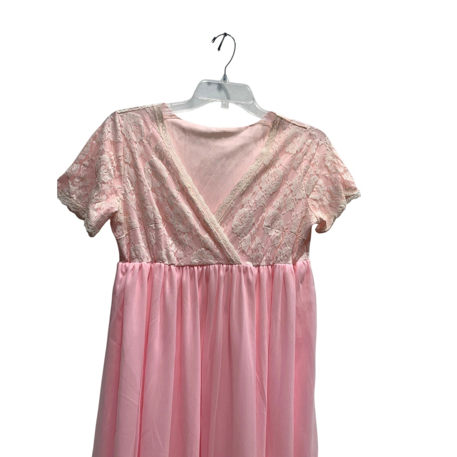Vintage Pink Lace Maxi Nightgown Sheer Empire Waist Ruffle Sleeve Peignoir Dress