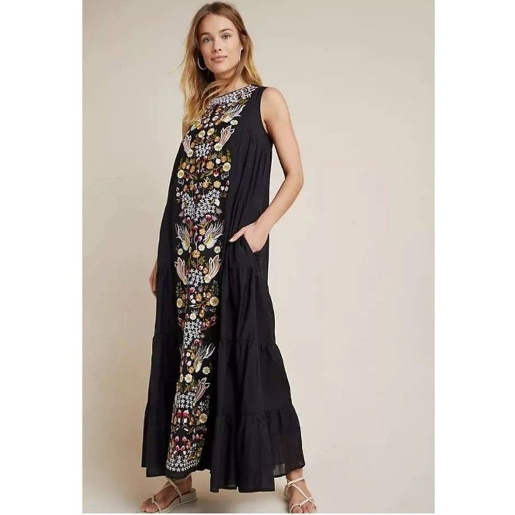 Samant Chauhan Anthropologie Black Embroidered Bird Floral Tiered Maxi Dress 0