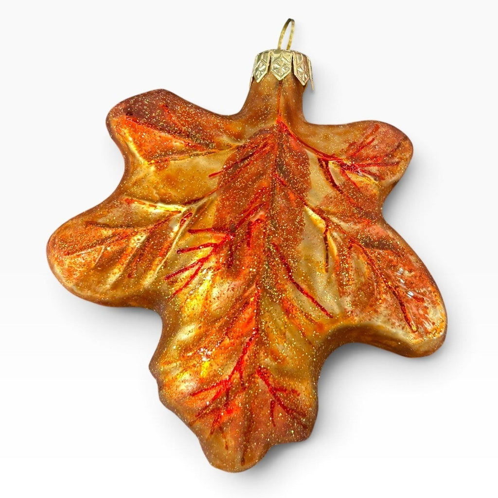 Dept 56 Poland Blown Glass Autumn Oak Leaf Ornament Amber Gold Glitter 5.5in