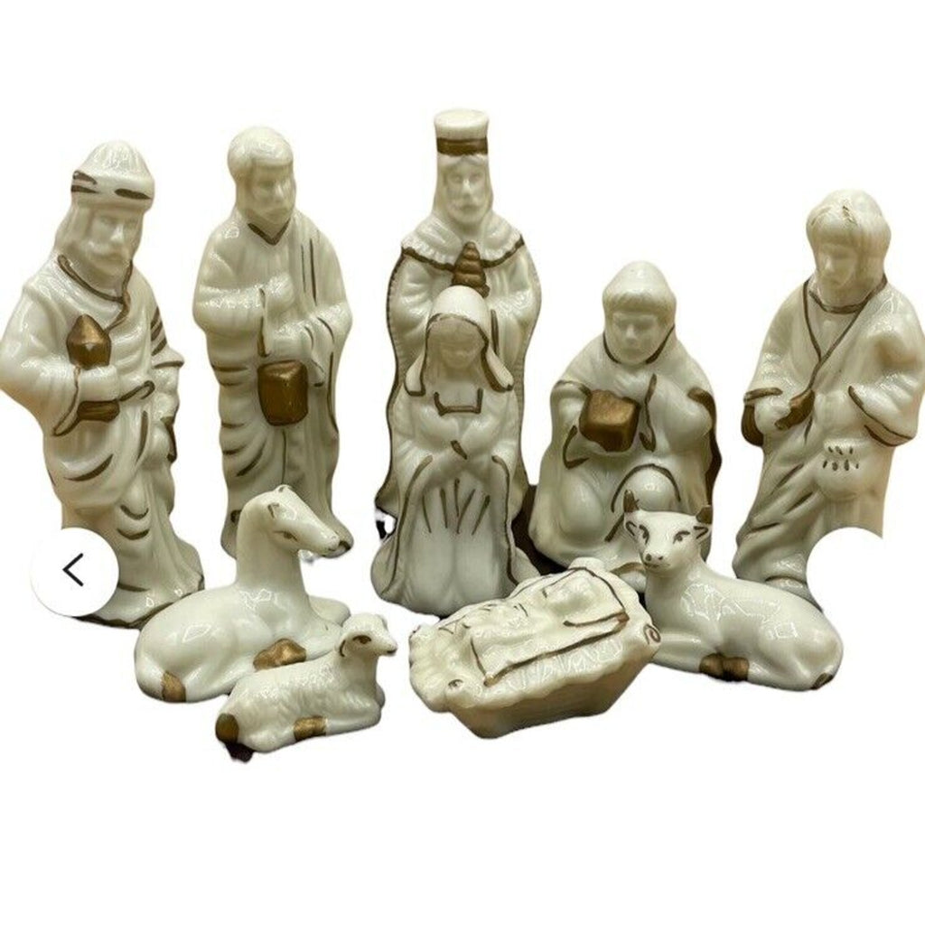 Vintage Porcelain Nativity Set W/Gold Accents 10 Pc EUC