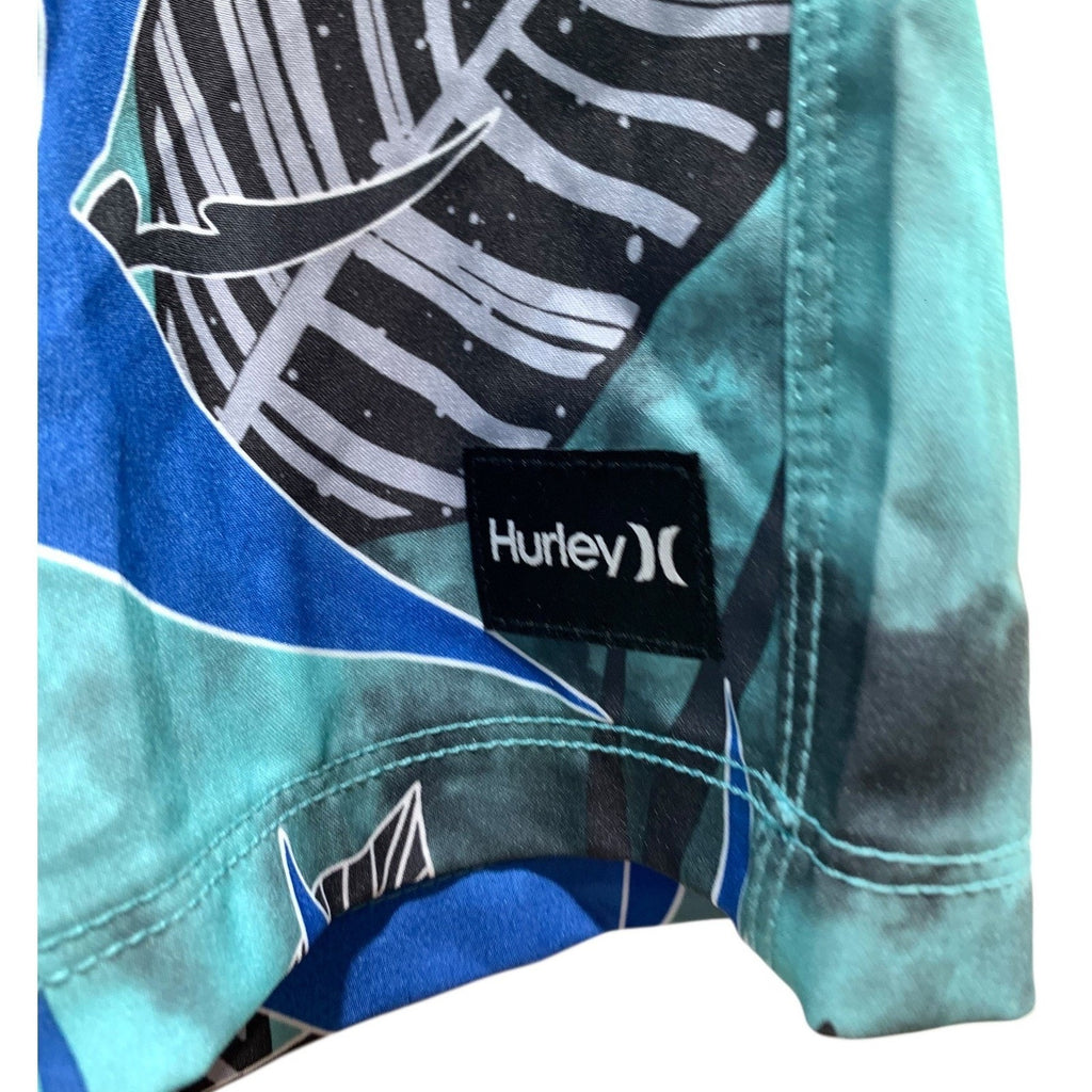 Hurley Mens Tropical Leaf Print Swim Trunks Teal Blue Lime Green Size Large 17"