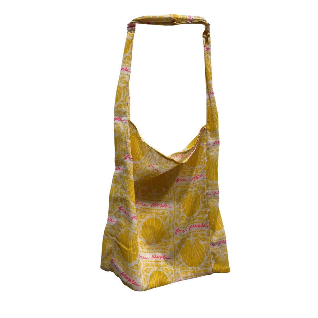 Free People Yellow Seashell Logo Print Mesh Hobo Tote Bag Summer Beach Accessory