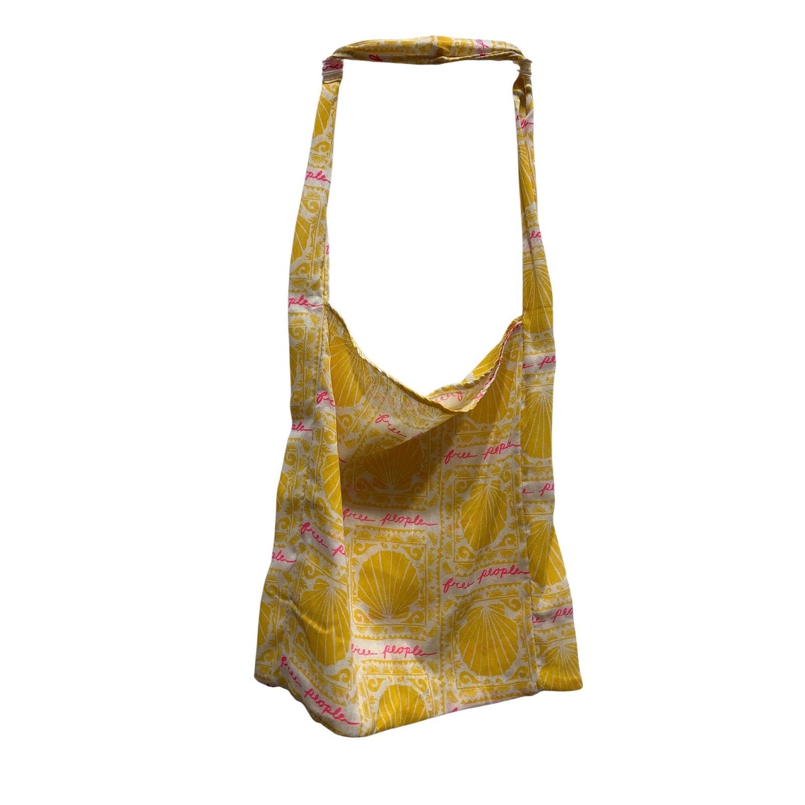 Free People Yellow Seashell Logo Print Mesh Hobo Tote Bag Summer Beach Accessory