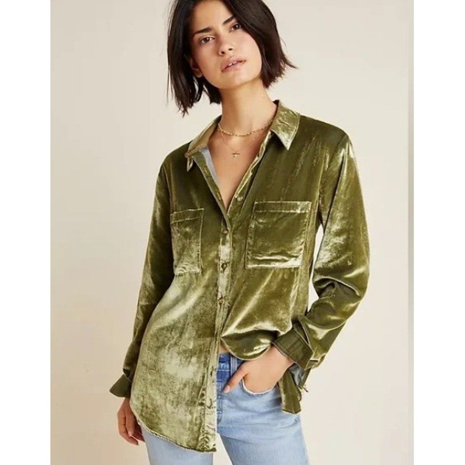 Maeve Anthropologie Olive Green Velvet Button Down Shirt Long Sleeve Womens Sz 6