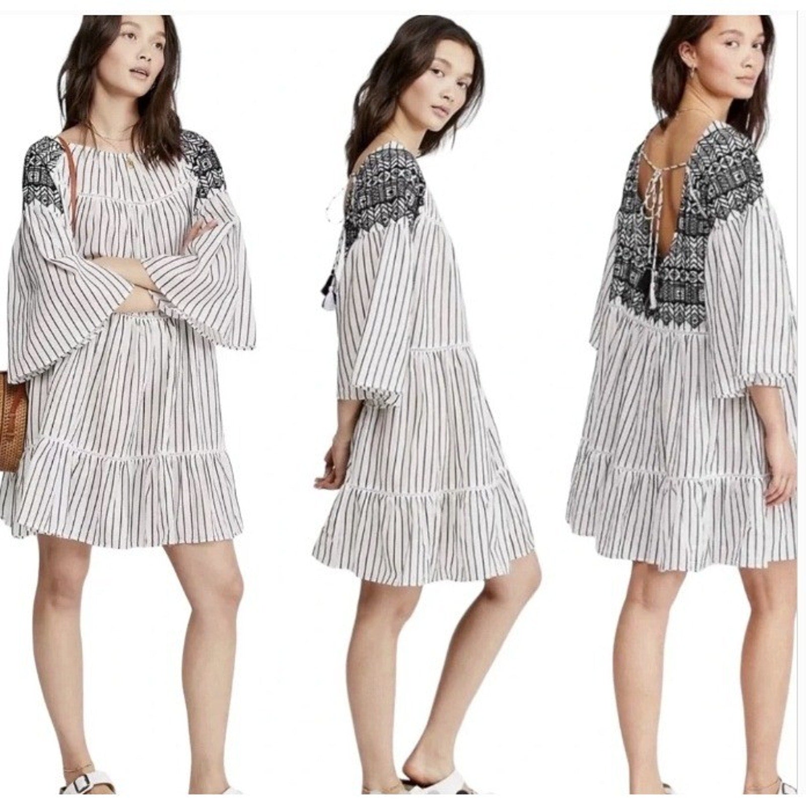 Free People Lola Embroidered Mini Dress Black White Striped Tiered Tunic Top M