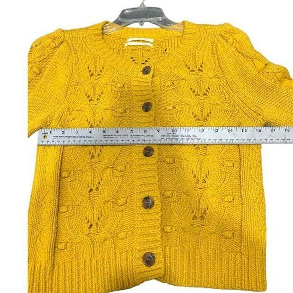 Anthropologie Mustard Yellow Cable Knit Puff Sleeve Cardigan Sweater Small