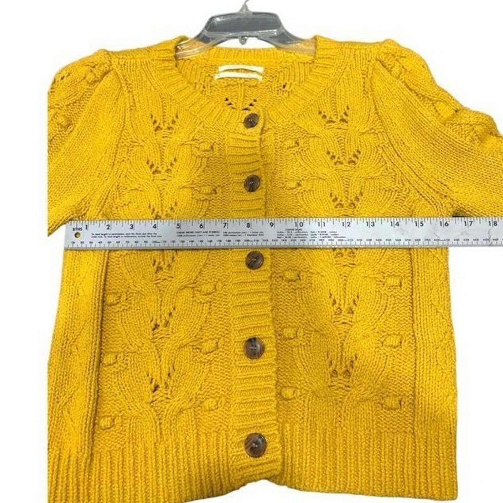 Anthropologie Mustard Yellow Cable Knit Puff Sleeve Cardigan Sweater Small