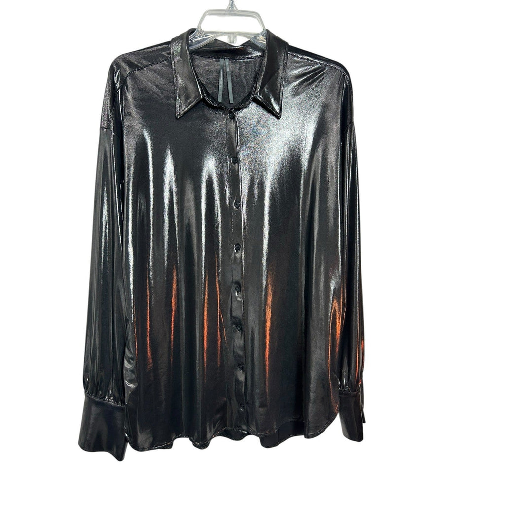 Anthropologie The Gillian Liquid Shine Metallic Buttondown Shirt Charcoal Grey L