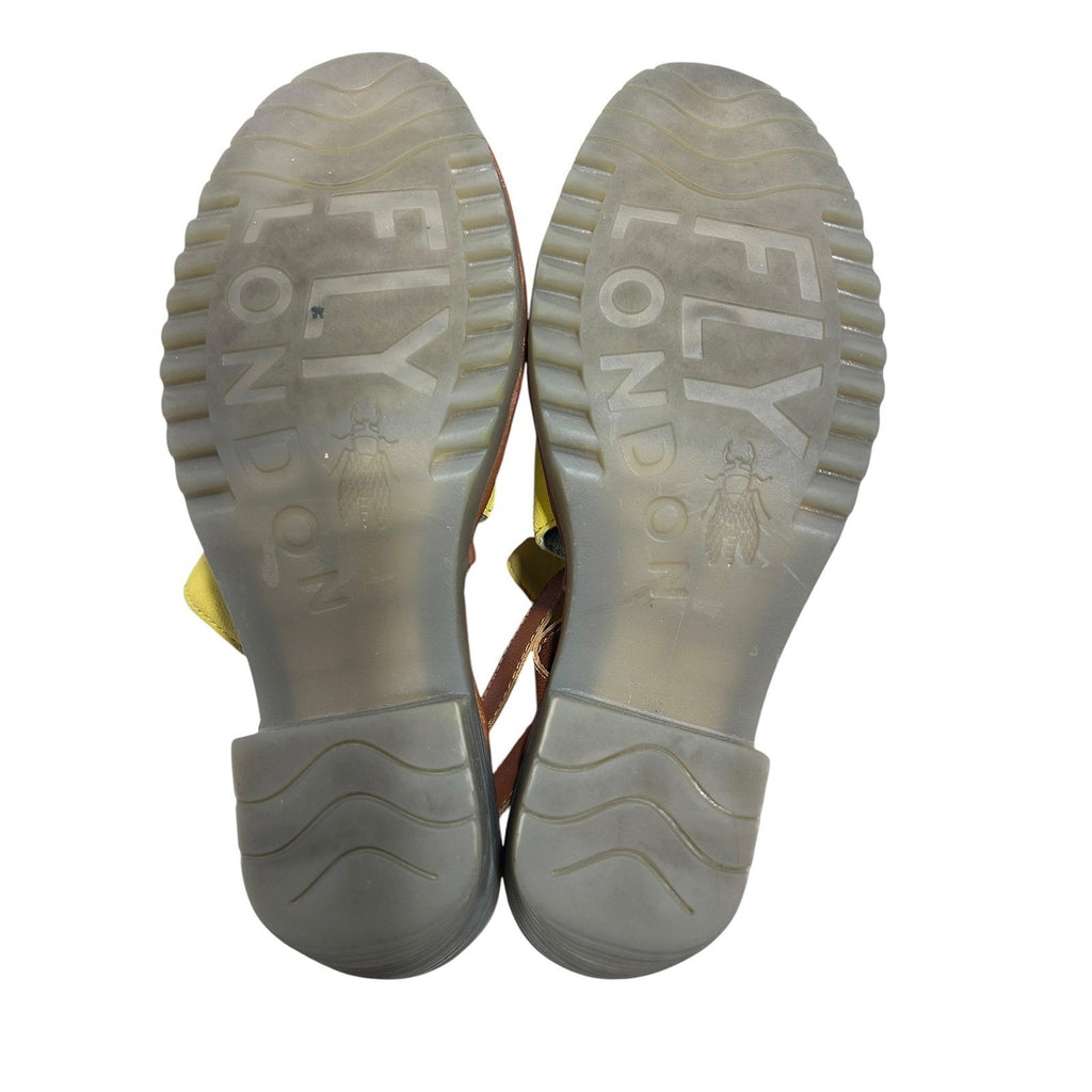 Fly London Yate Yellow Brown Leather Slingback Peep Toe Block Heel Sandals 39