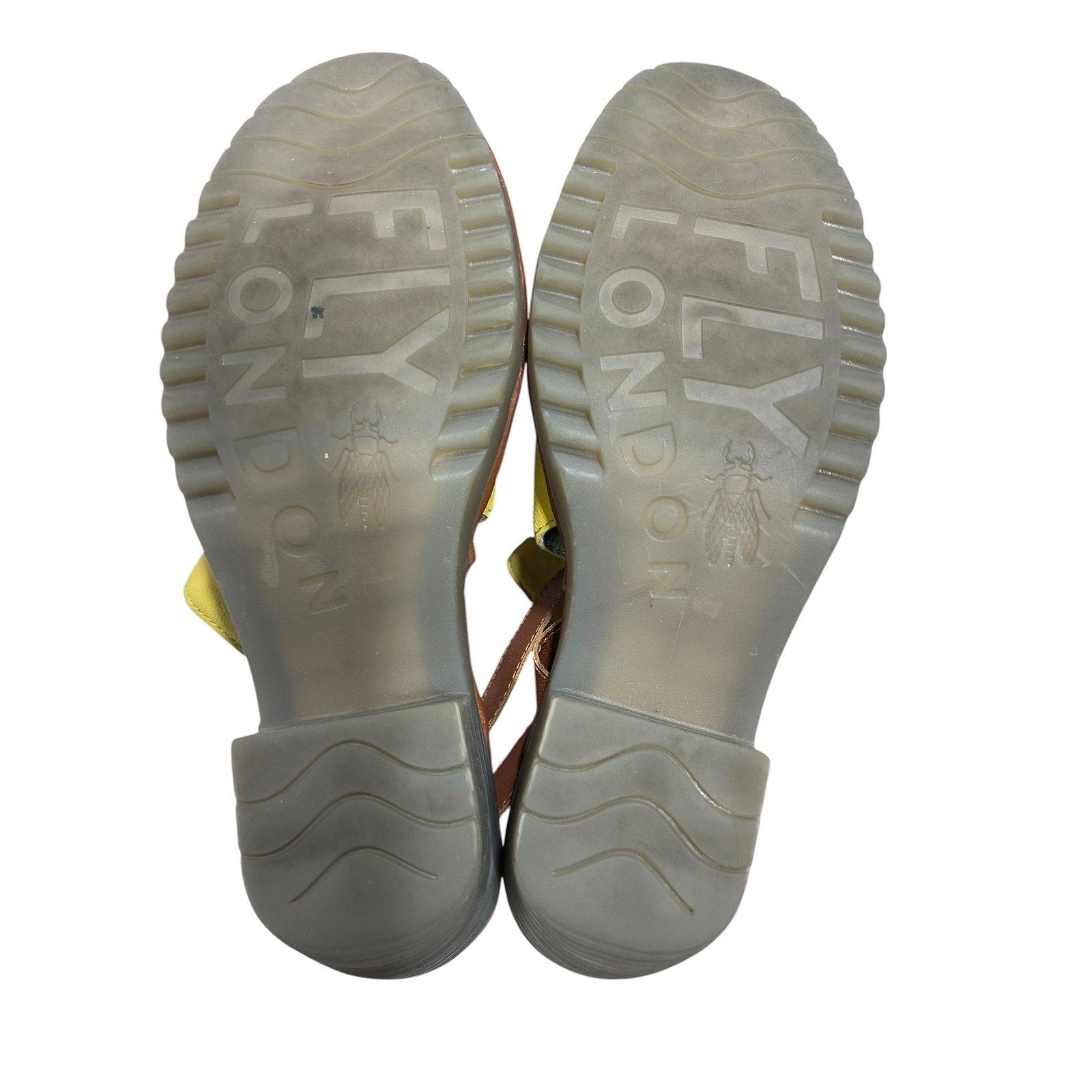 Fly London Yate Yellow Brown Leather Slingback Peep Toe Block Heel Sandals 39