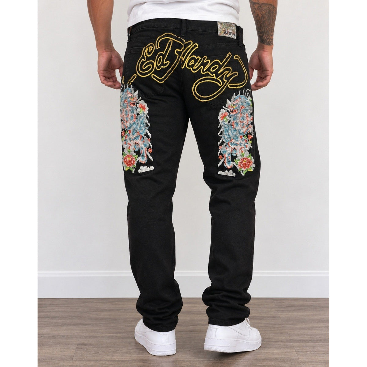 Ed Hardy Black Embroidered Foo Dog Jeans Mens 36 Y2K Streetwear Tattoo street