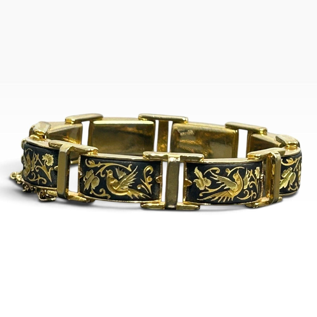 Vintage Spanish Damascene 24k Gold Inlay Bird Floral Link Bracelet 7.5in