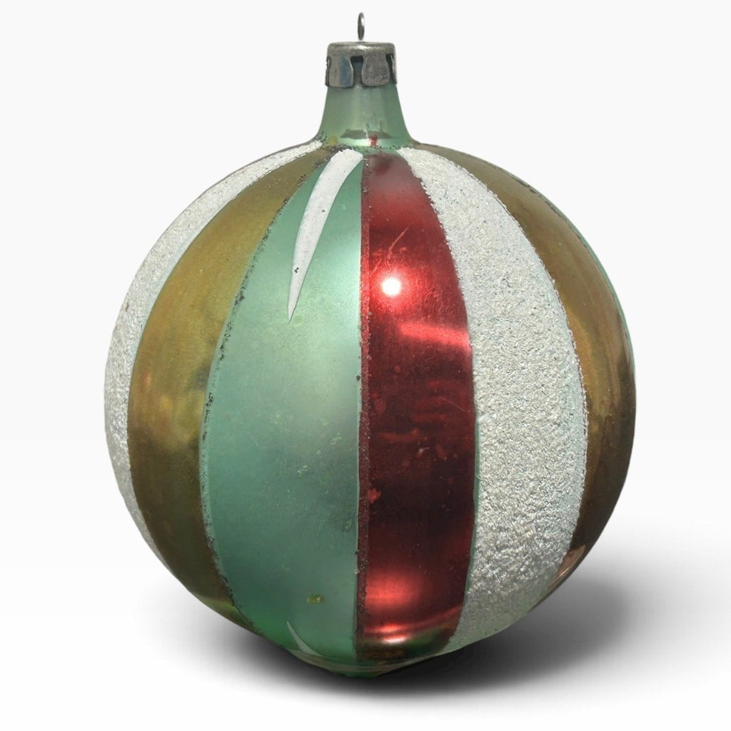 Vintage Poland Jumbo 4in Glass Christmas Ornament Teal Red Gold Striped Patina