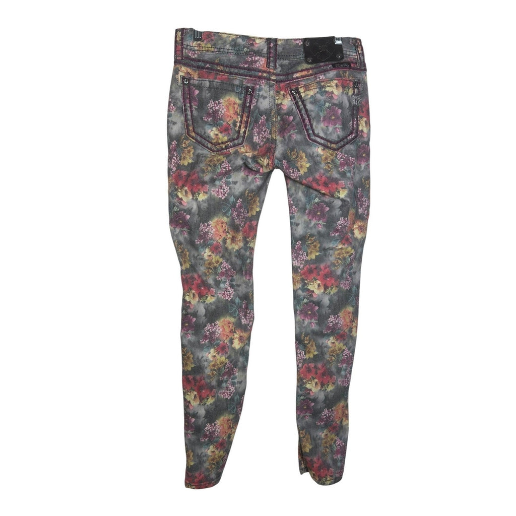 Miss Me Floral Print Skinny Jeans Grey Pink Orange Mid Rise Denim Size 27 whimsy