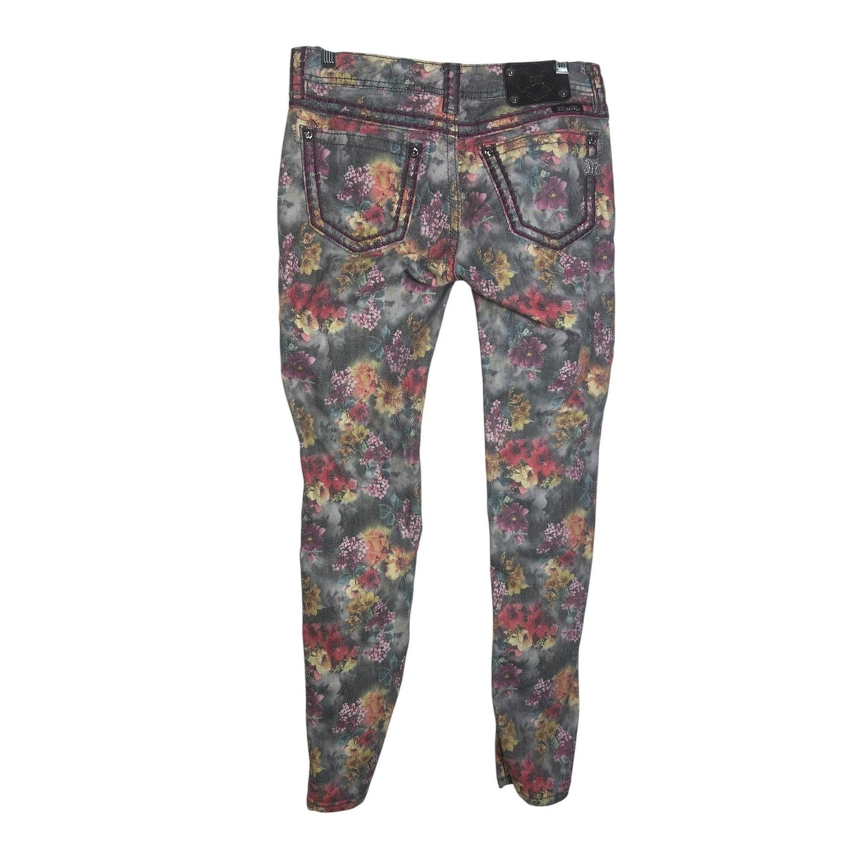 Miss Me Floral Print Skinny Jeans Grey Pink Orange Mid Rise Denim Size 27 whimsy