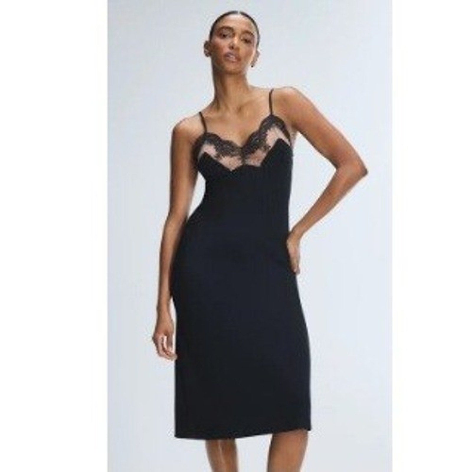 Savage X Fenty Black Lacestruck Sleep Slip Dress Midi Spaghetti Large 12-14