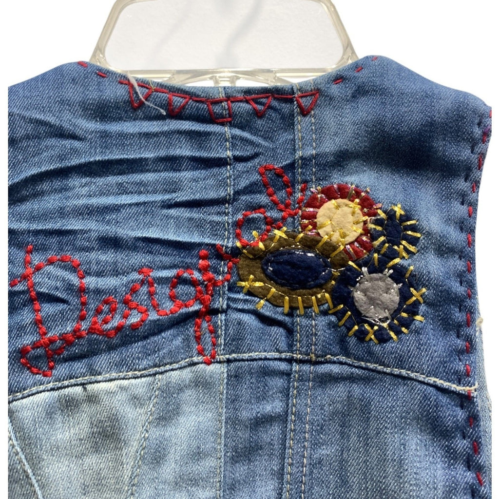 Desigual Patchwork Denim Vest Blue Floral Embroidered Boho Artisanal Size M y2k