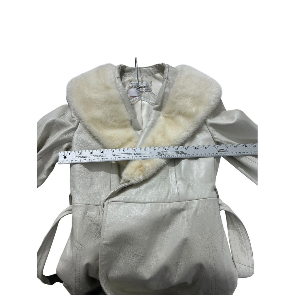 Vintage Normart's Leather faux Fur Collar Trench Coat Cream Belted Wrap Jacket S