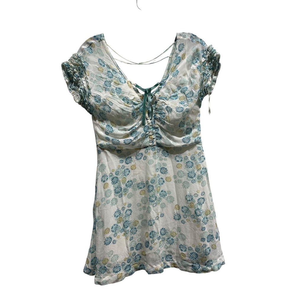 Free People Yours Truly Printed Ruffle Lace-Up Mini Dress White Teal Floral Sz 6