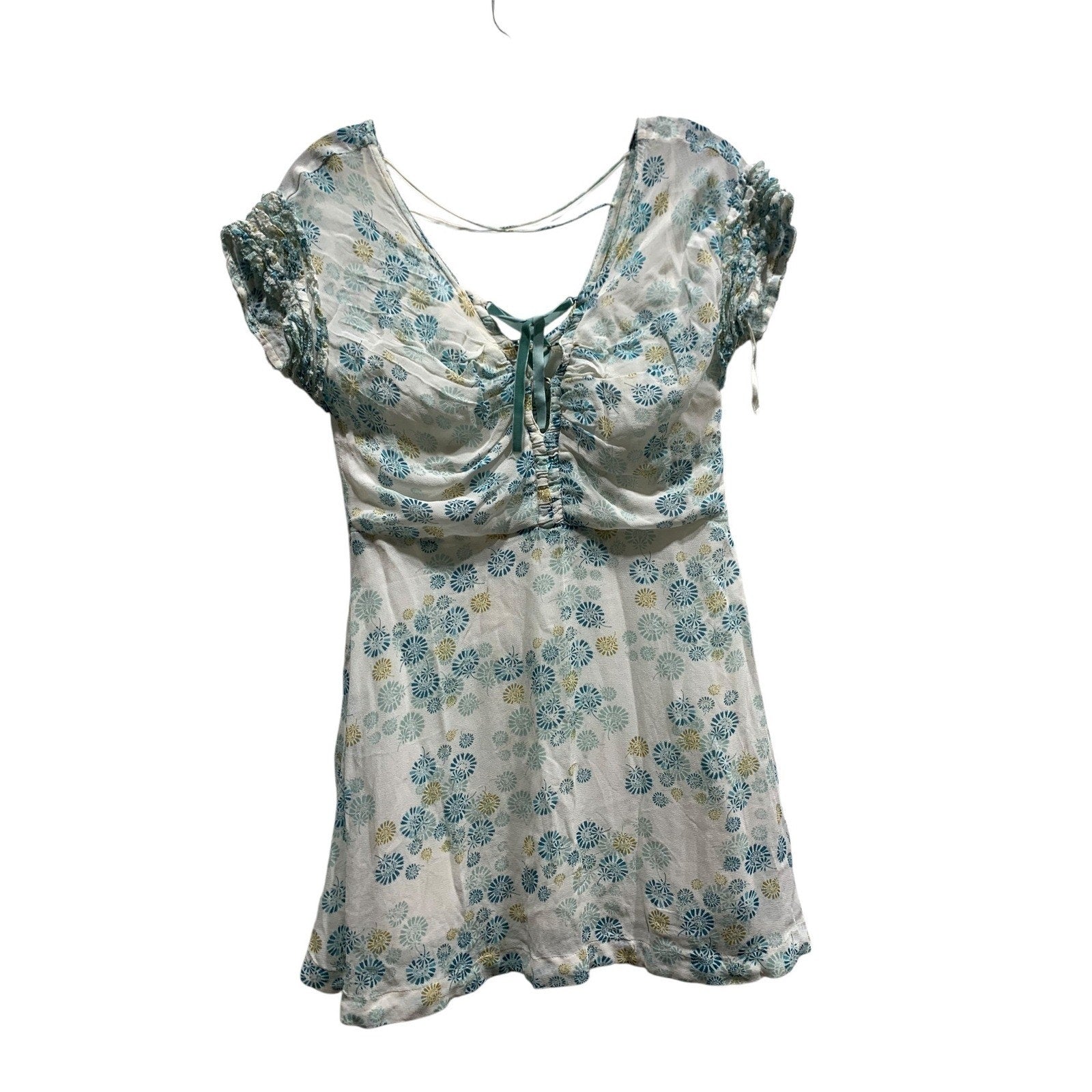 Free People Yours Truly Printed Ruffle Lace-Up Mini Dress White Teal Floral Sz 6