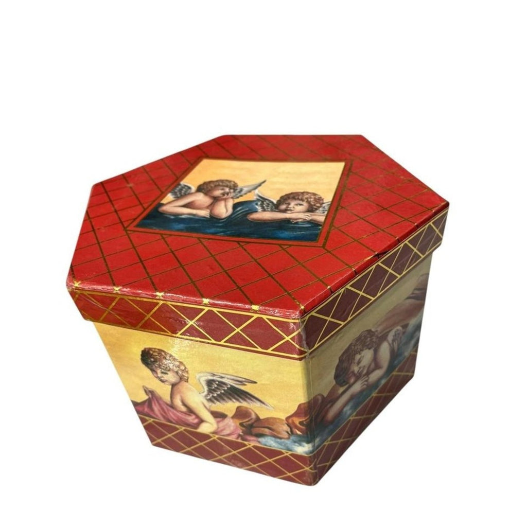 Vintage Angel Cherub Hexagonal Keepsake Box and Ornaments Red Gold