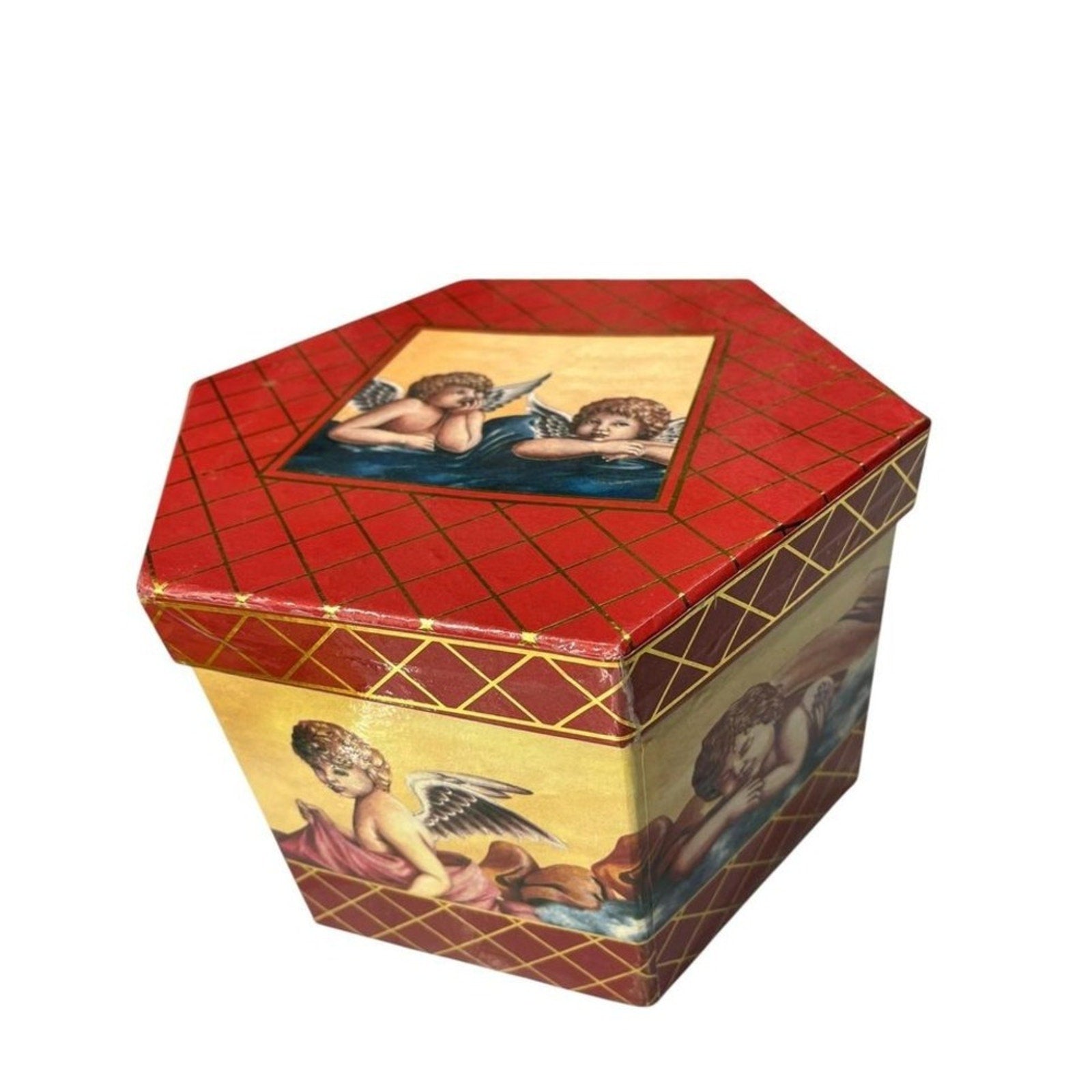 Vintage Angel Cherub Hexagonal Keepsake Box and Ornaments Red Gold
