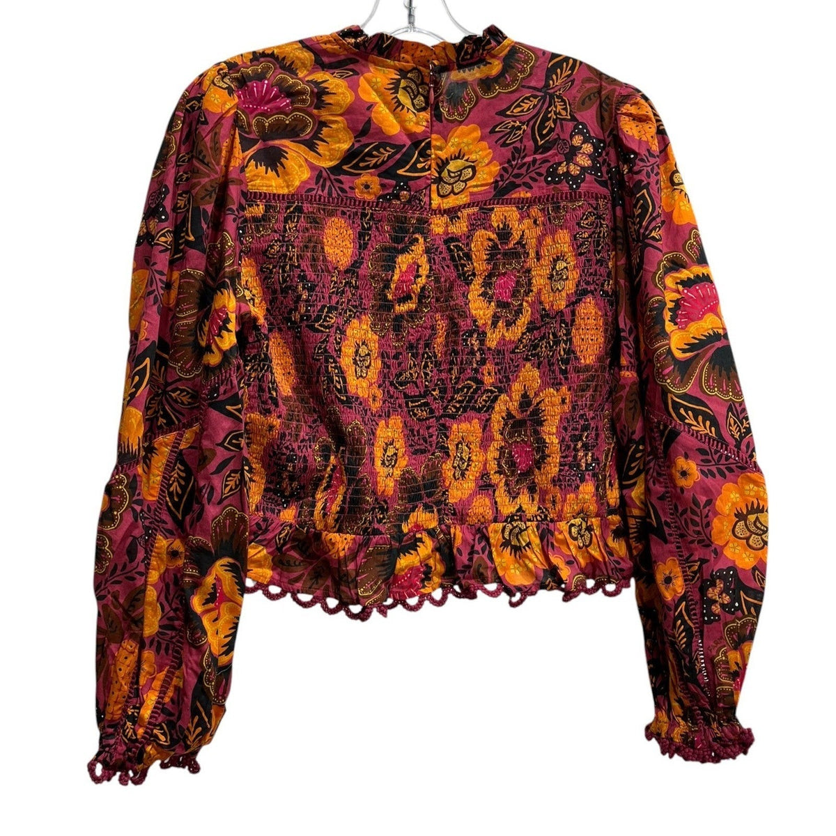 Farm Rio Garden Bloom Smocked Floral Crop Blouse Pink Orange Size M