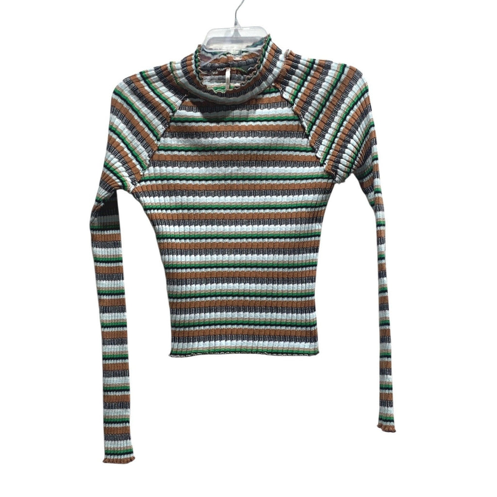 Free People Ribbed Knit Mock Neck Striped Long Sleeve Top Brown Green Large L