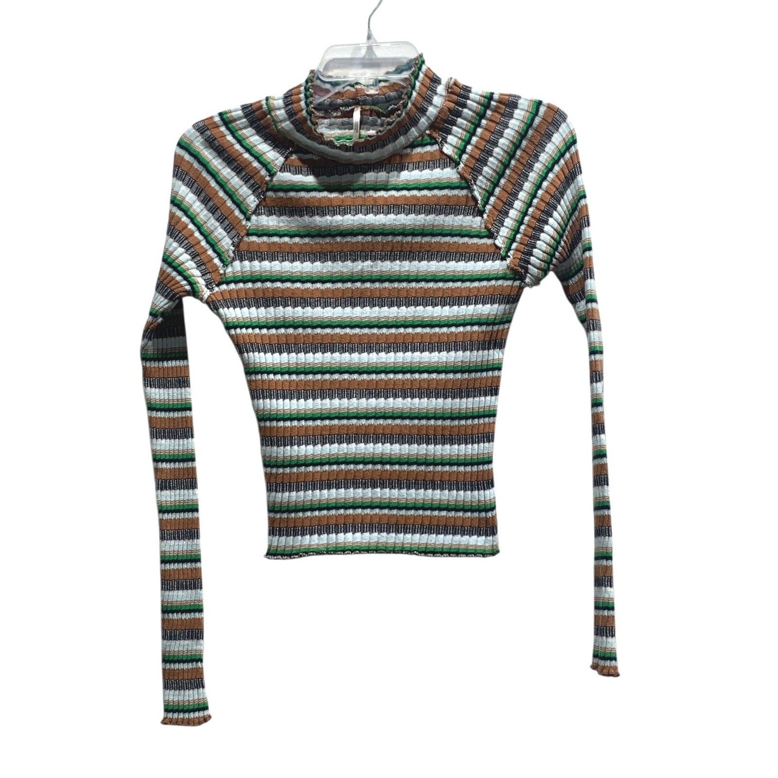 Free People Ribbed Knit Mock Neck Striped Long Sleeve Top Brown Green Large L