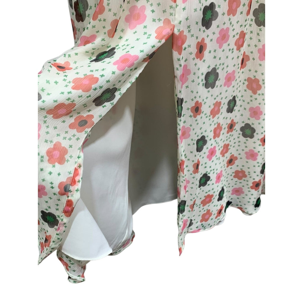 Paul & Joe Floral Midi Dress Ivory Pink Green 42 Sheer Size Large