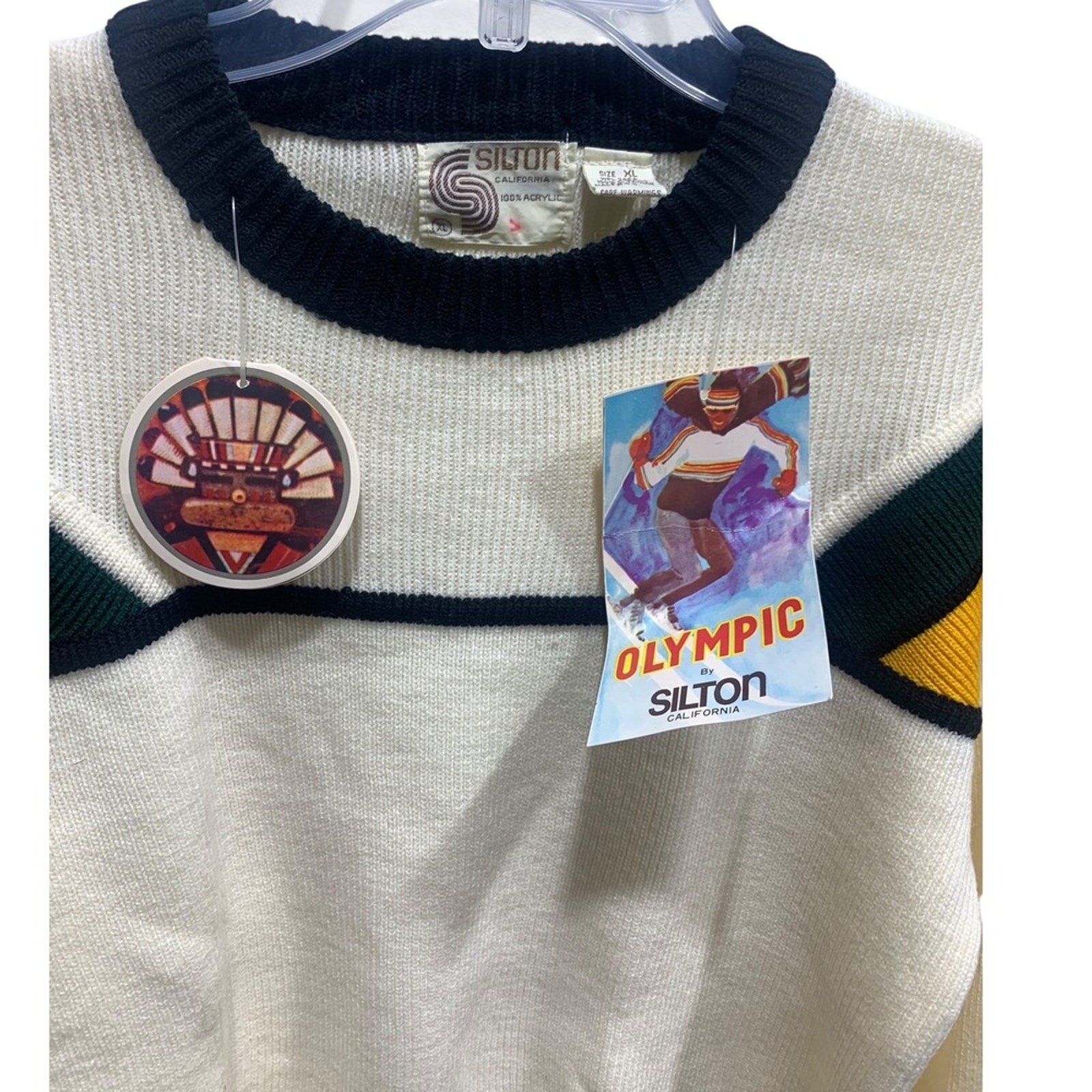 Vintage Silton California Olympic Sweater XL Cream Green Yellow Ski Graphic