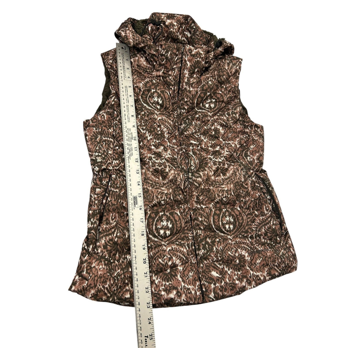 Patagonia Womens Down With It Vest Walnut Brown Paisley Ikat Print Hooded Small