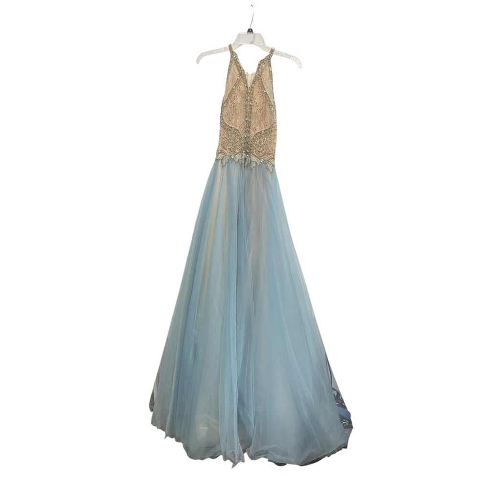 Glamour High Neck Crystal Beaded Halter Gown Tulle Skirt Prom Pageant Blue Sz 8